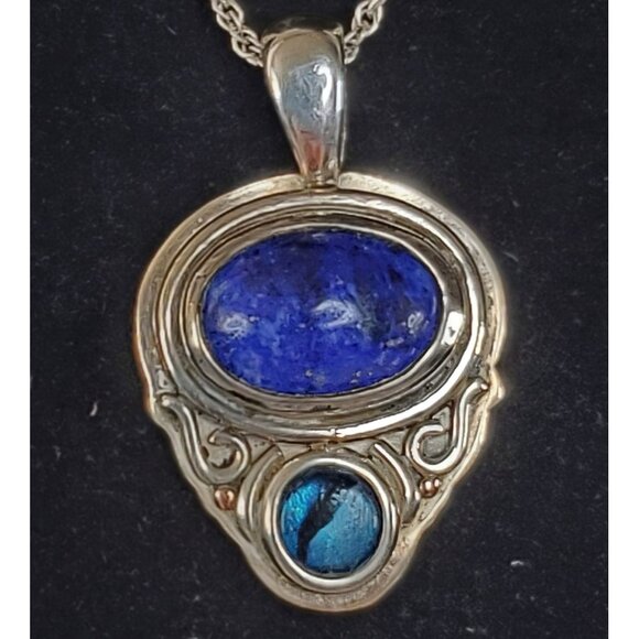 JC Sterling Silver 925 Blue Lapis Lazuli & Opal Pendant Necklace 18" Chain - Picture 3 of 16